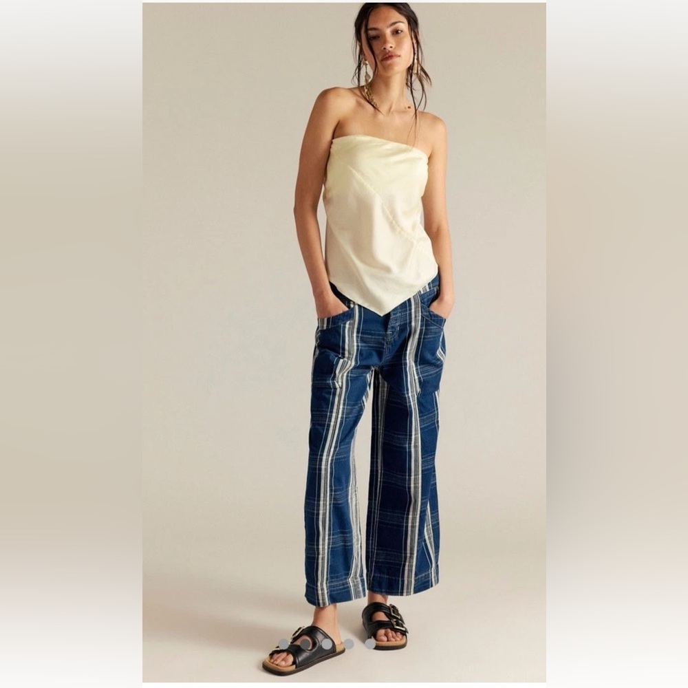 Free People Rose Hall Low Slung Trousers We The Free Side Pockets Blue Motif - Picture 2 of 7